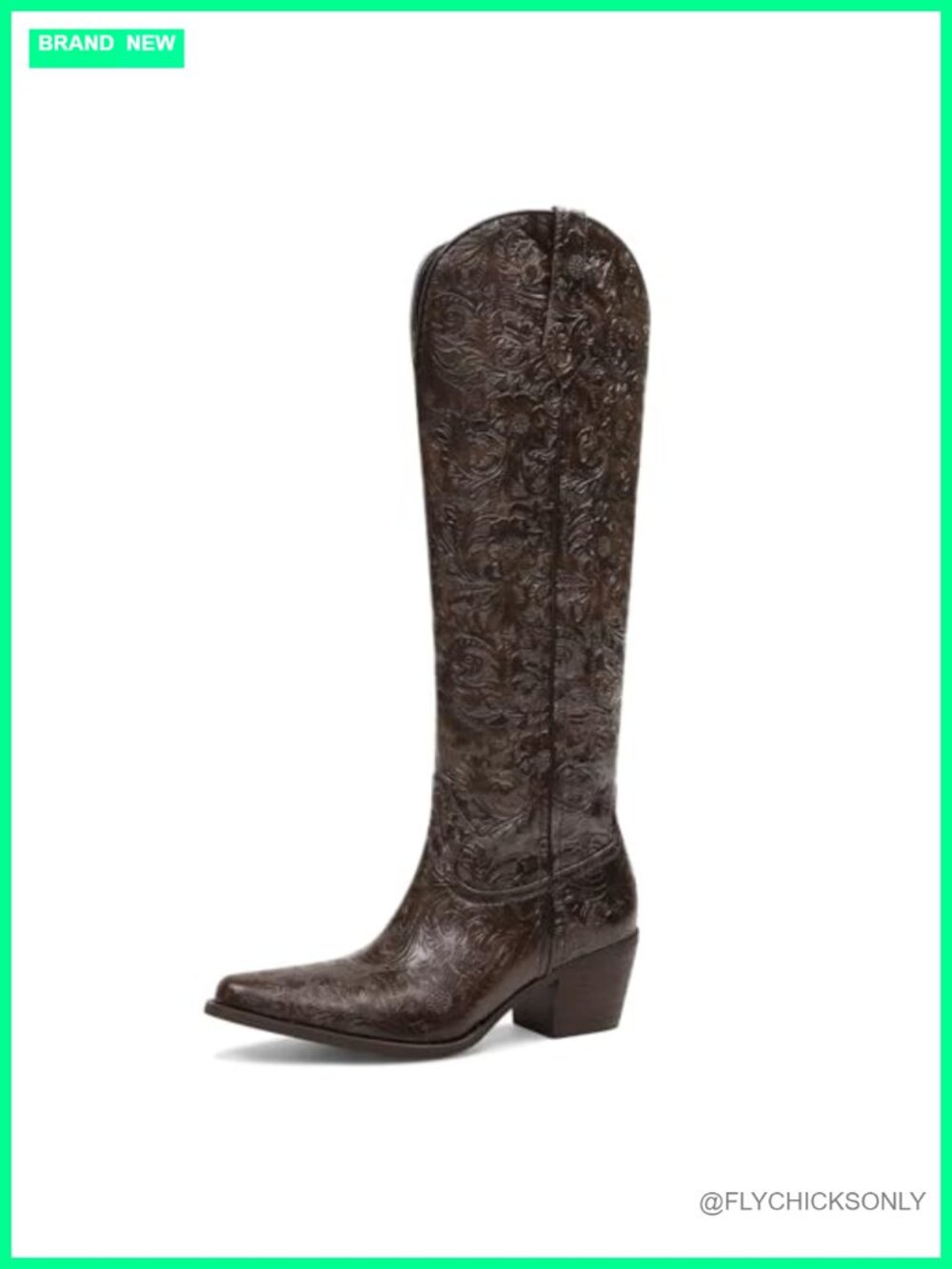 Embossed Knee-High Western Cowboy Boots Chunky Block Heel Pointed Toe PU Leather